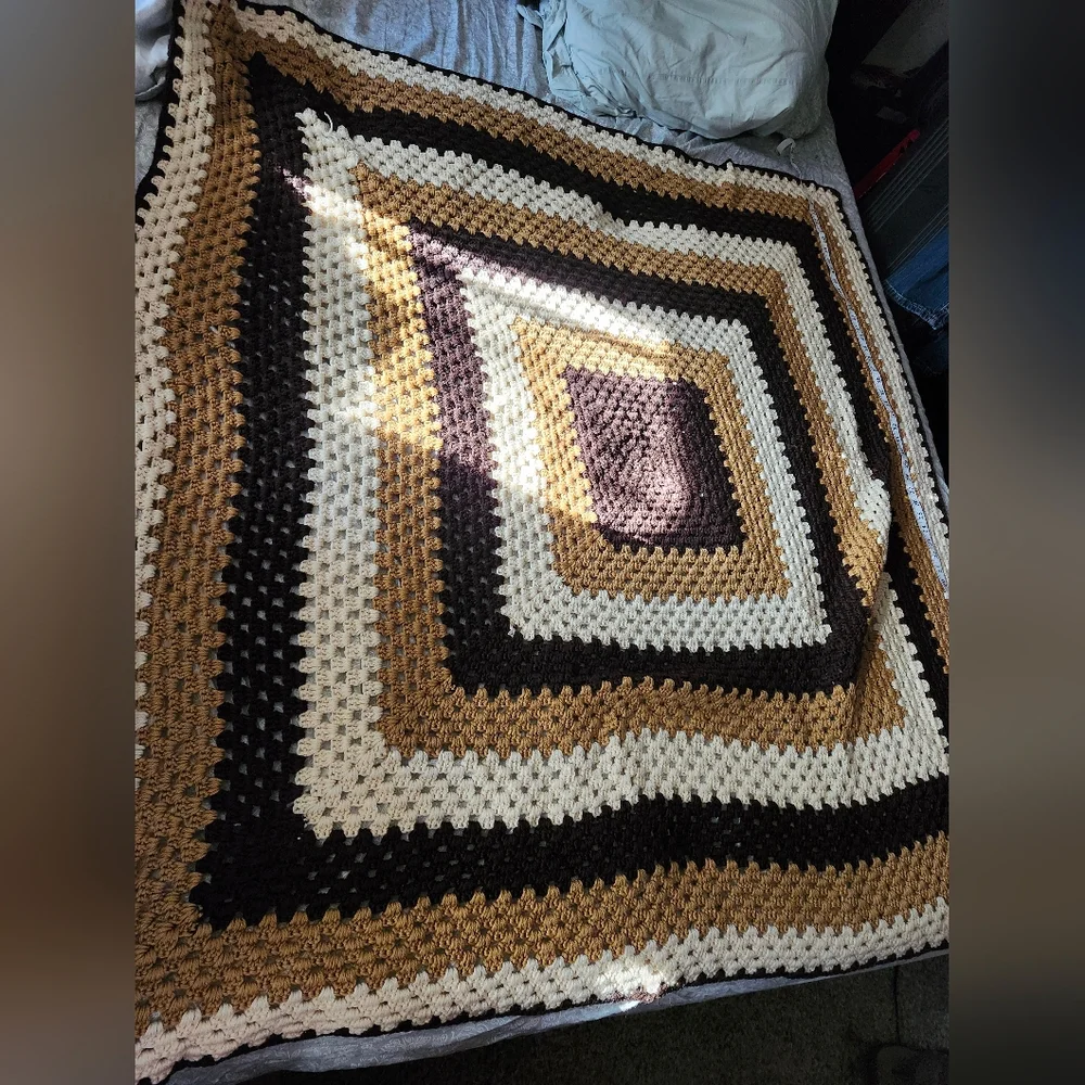 Handmade Vintage Crochet Blanket in Brown and Cream Uneque 57x54
